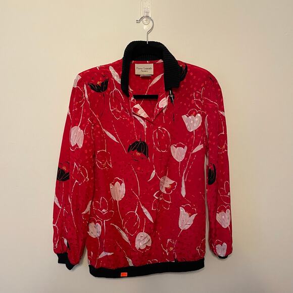 Vintage M long sleeve button up blouse tulip floral polka dot AOP red white - Picture 1 of 8